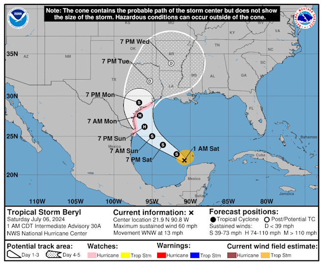 Beryl is nu onderweg naar Texas en wint daarbij weer aan kracht - National Hurricane Center