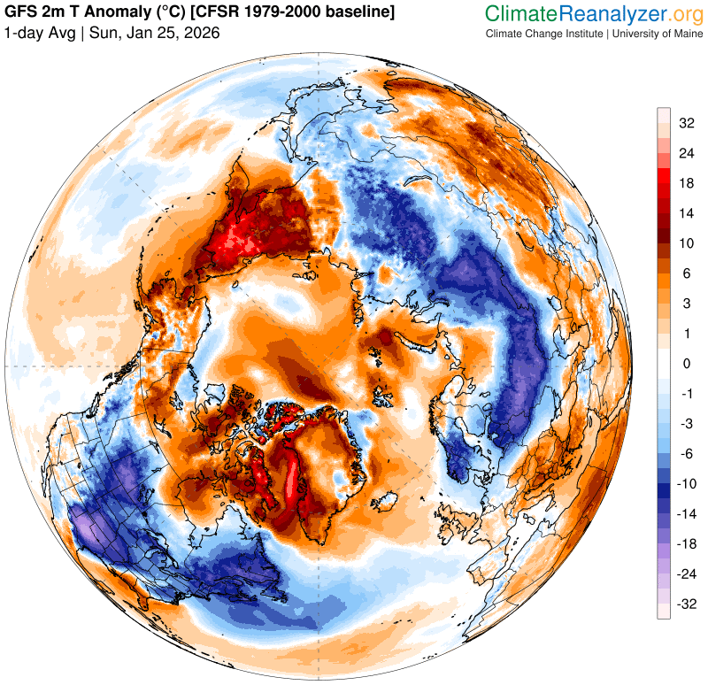 Het warme noordpoolgebied, met daar omheen de vaak koude continenten - Climate Reanalyzer