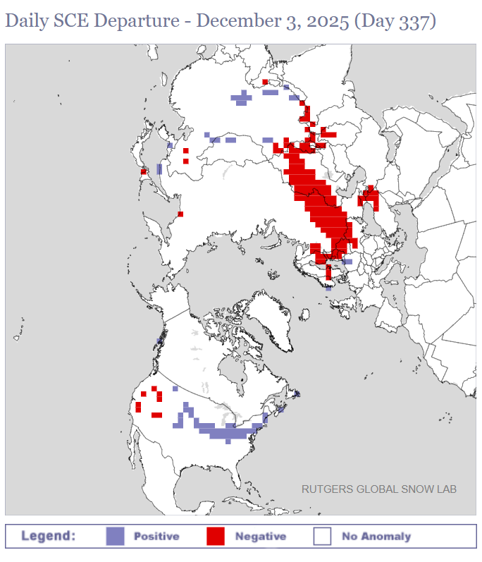 Een groot sneeuwtekort in delen van Europa en Azië - Rutgers' Global Snow Lab
