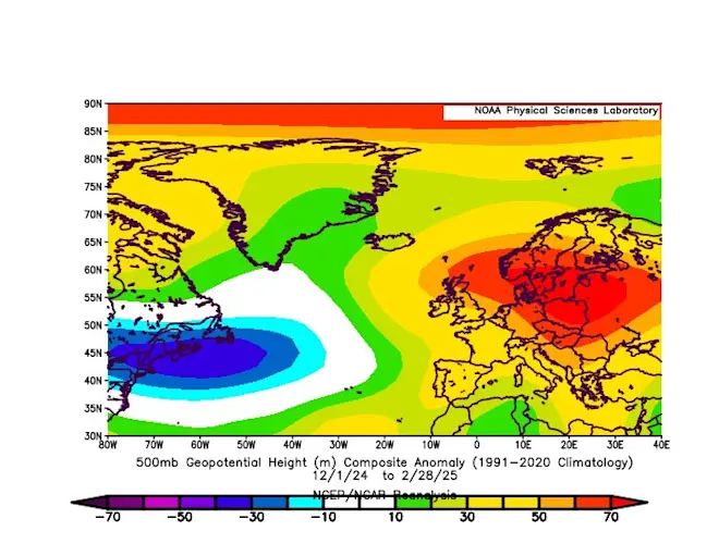 De gemiddelde drukverdeling op een hoogte van 5 kilometer, gedurende de afgelopen wintermaanden - NOAA Physical Sciences Laboratory